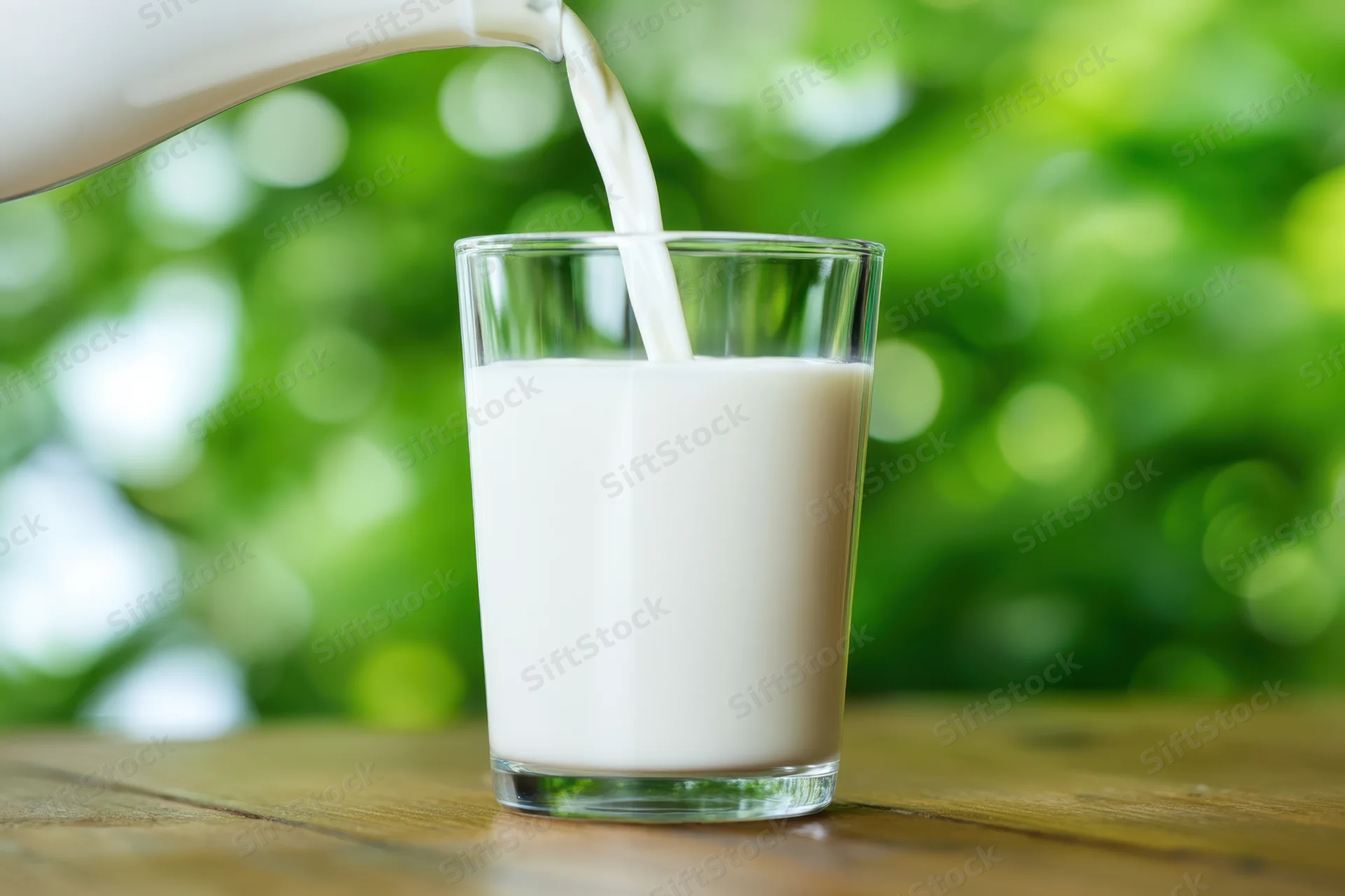Milk being poured into a clear glass on a wooden table outdoors with green foliage in the background