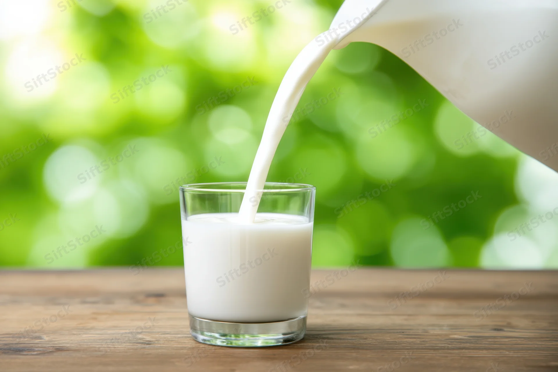 Milk being poured into a clear cylindrical glass on a wooden table with green bokeh background