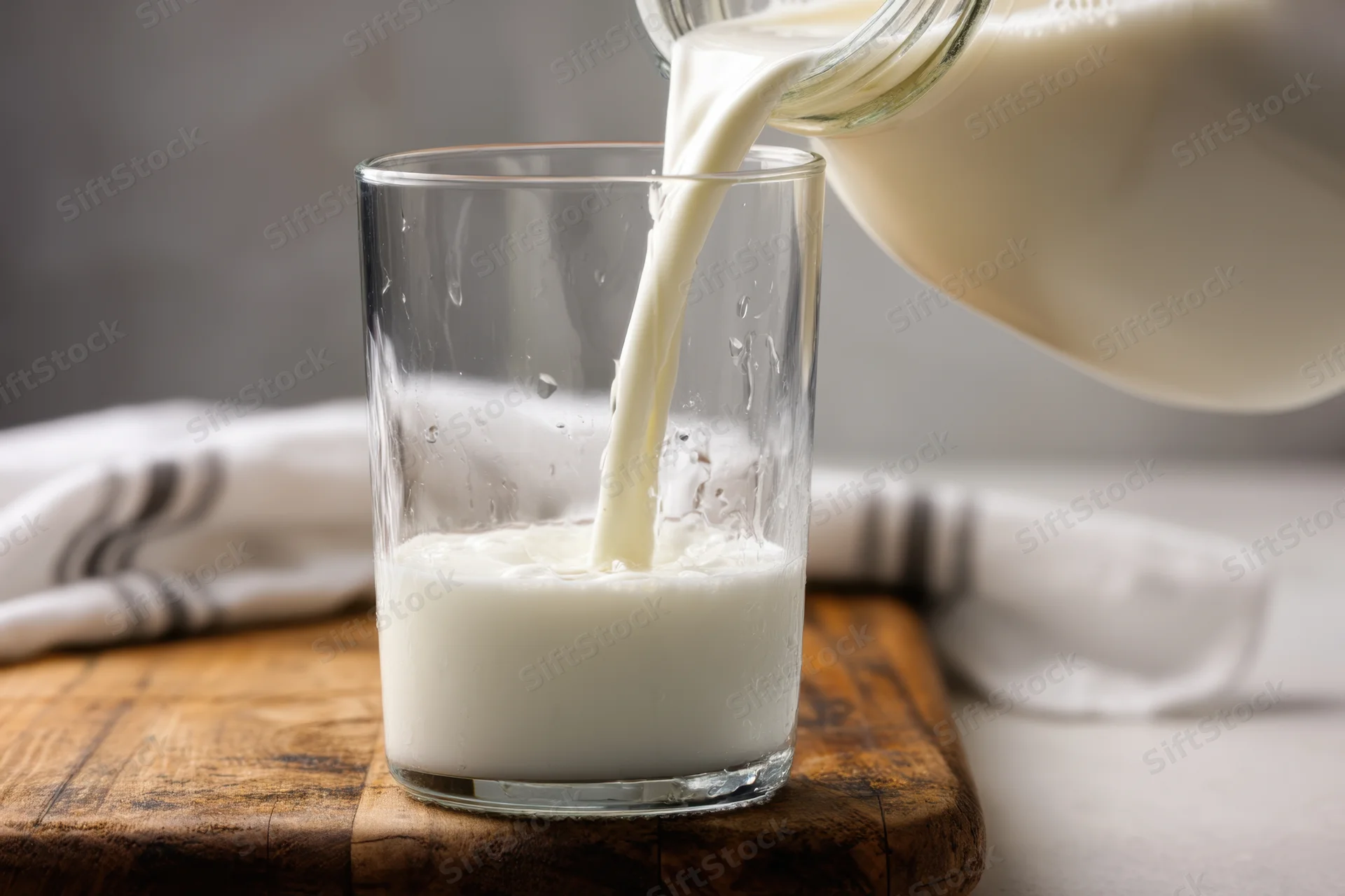 Milk being poured from a glass jar into a glass on a wooden cutting board