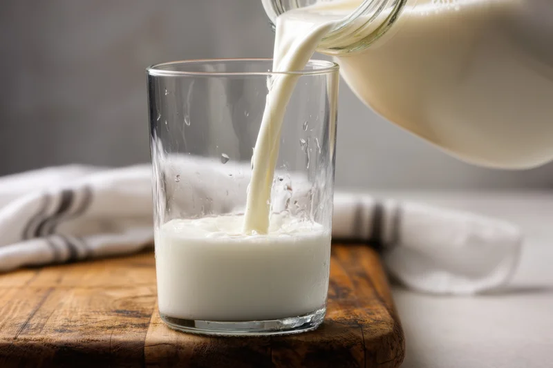 Of a glass of milk being poured from a glass jar into a glass