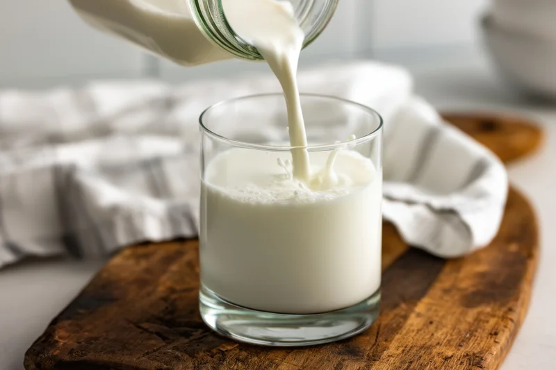 Milk being poured from a glass jar into a glass on a wooden cutting board with a cloth nearby