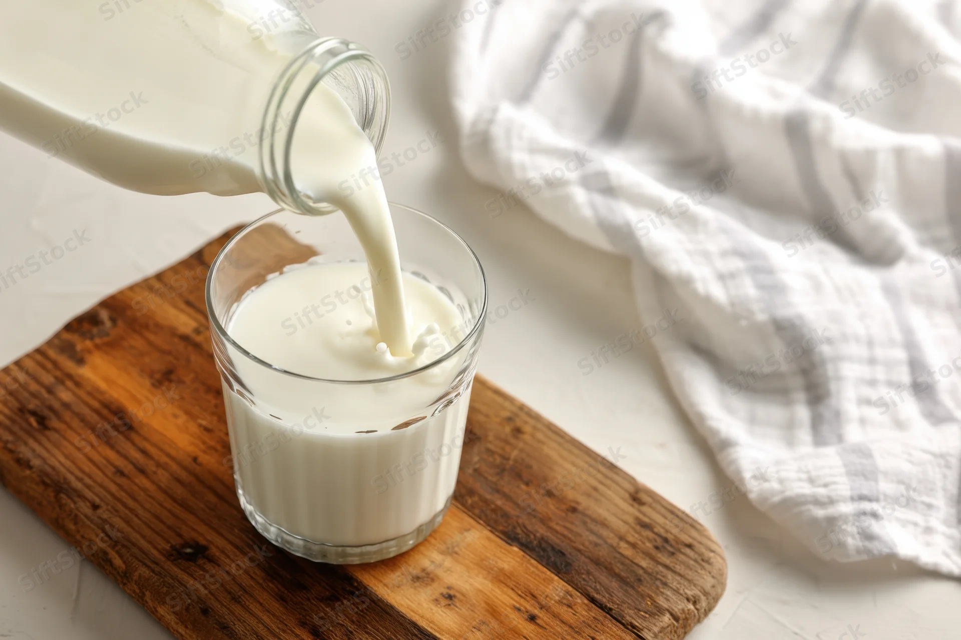 Milk being poured from a glass jar into a glass on a wooden cutting board