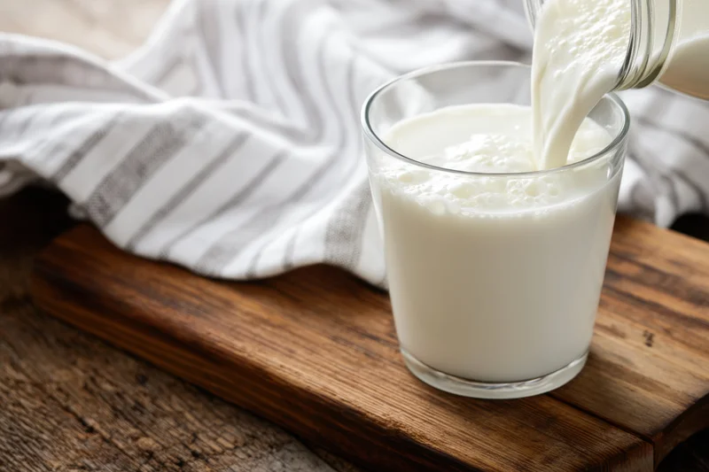 Milk being poured from a glass jar into a glass on a wooden cutting board with a striped cloth nearby