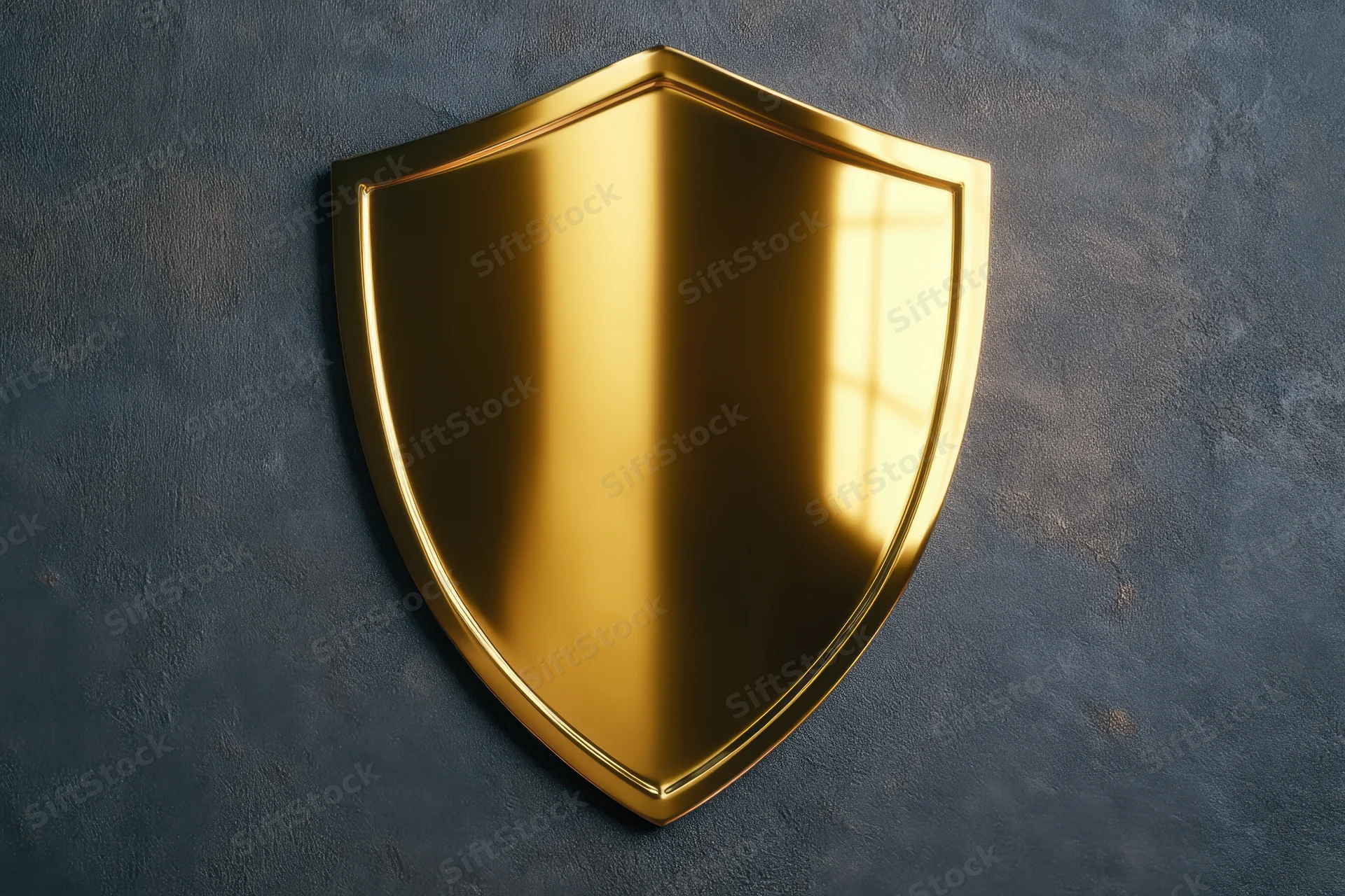 Golden shield emblem mounted on dark textured wall