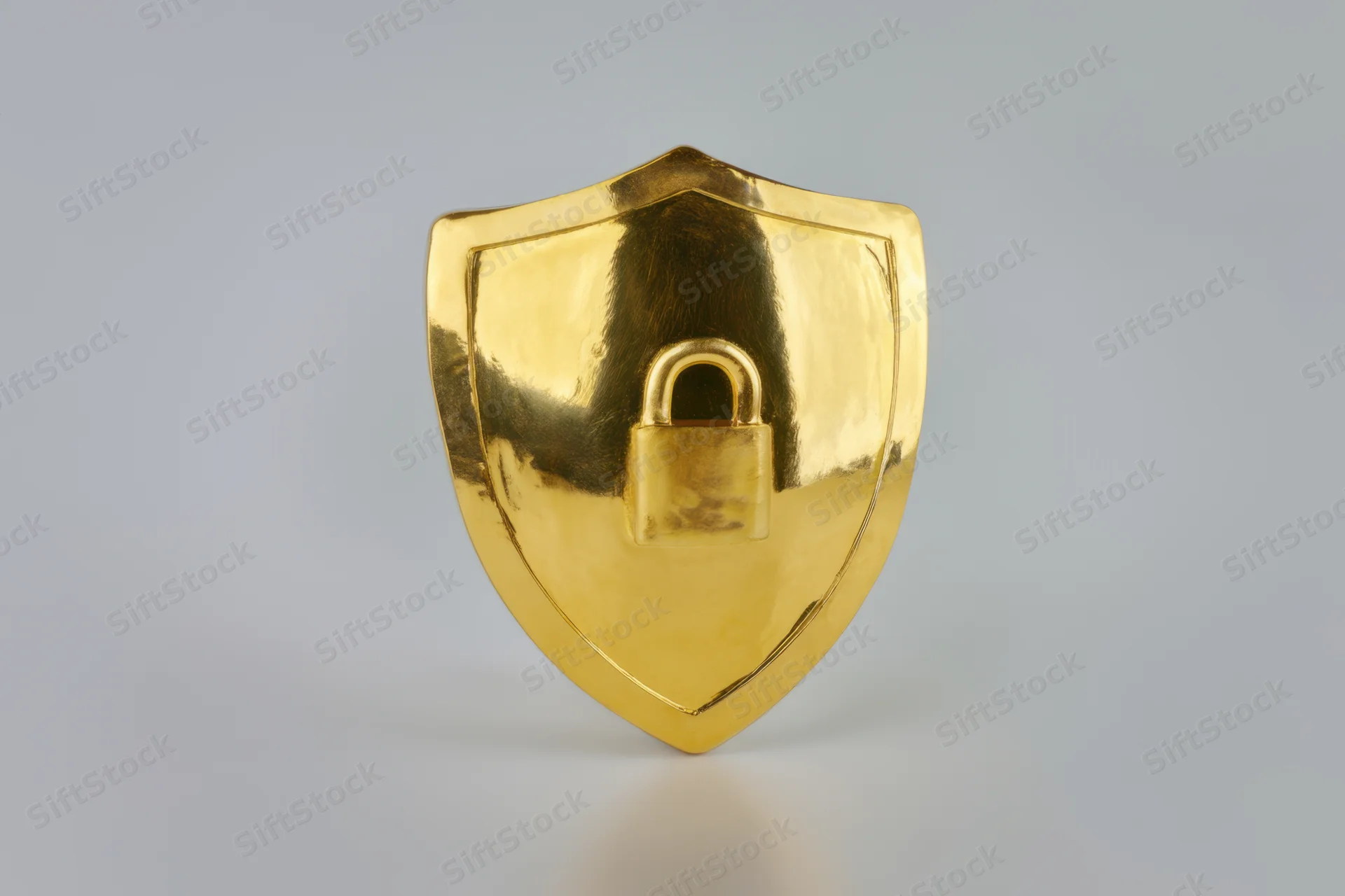Golden shield with a padlock symbol centered on a plain surface