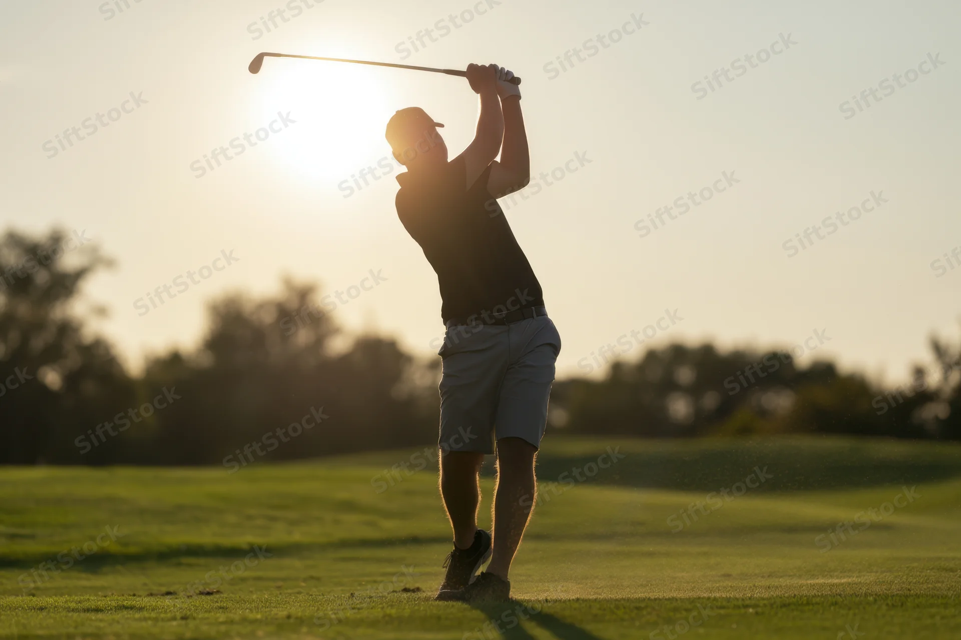 Golfer mid-swing on a grassy golf course at sunset