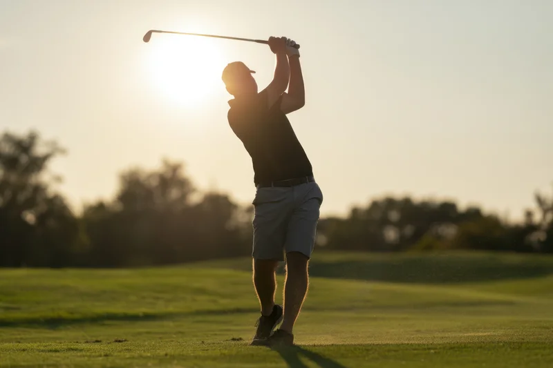 Golfer mid-swing on a grassy golf course at sunset