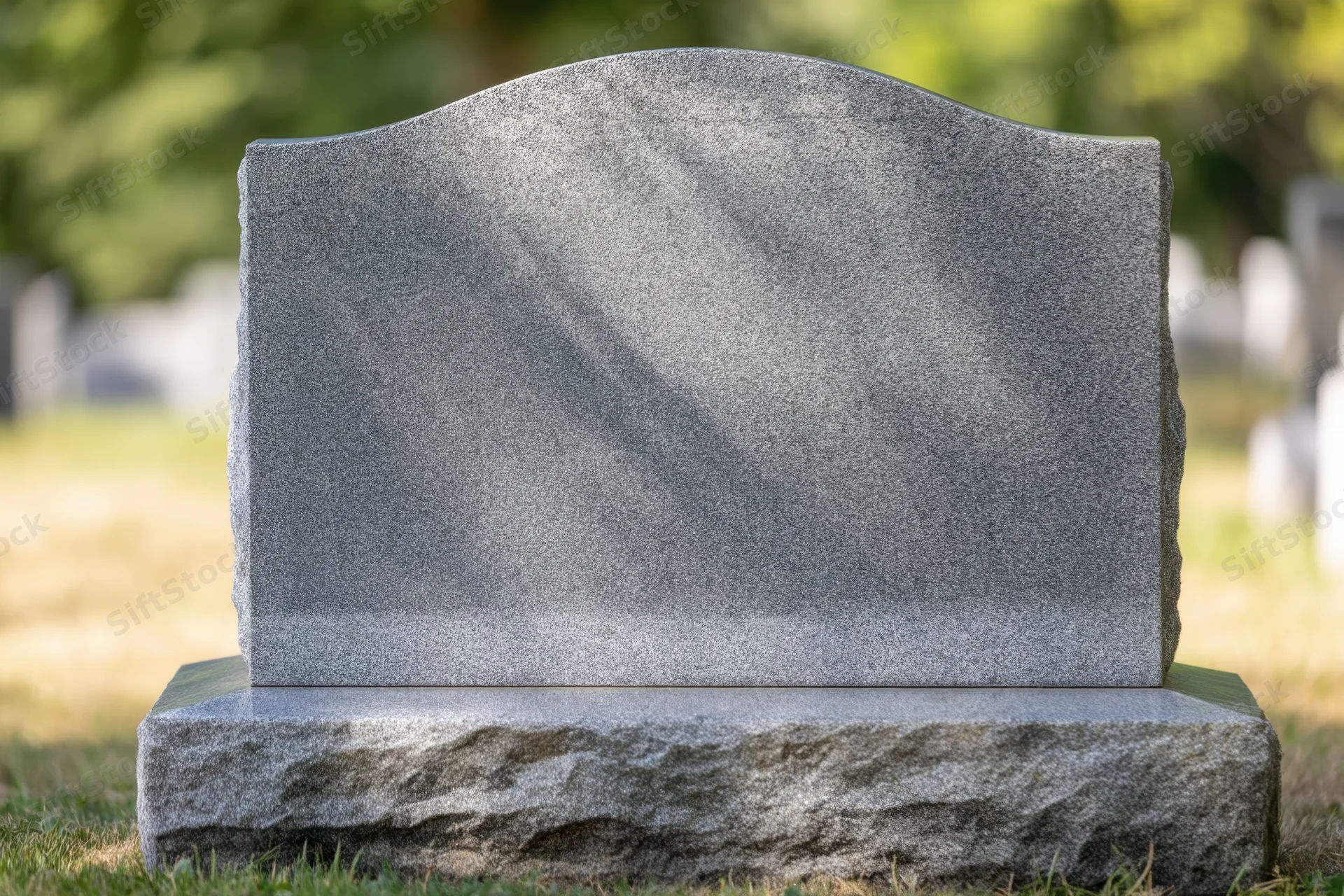 Blank granite tombstone standing upright in a cemetery with grass and sunlight