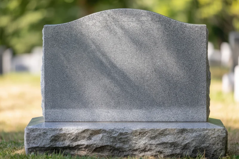 Blank granite tombstone standing upright in a cemetery with grass and sunlight