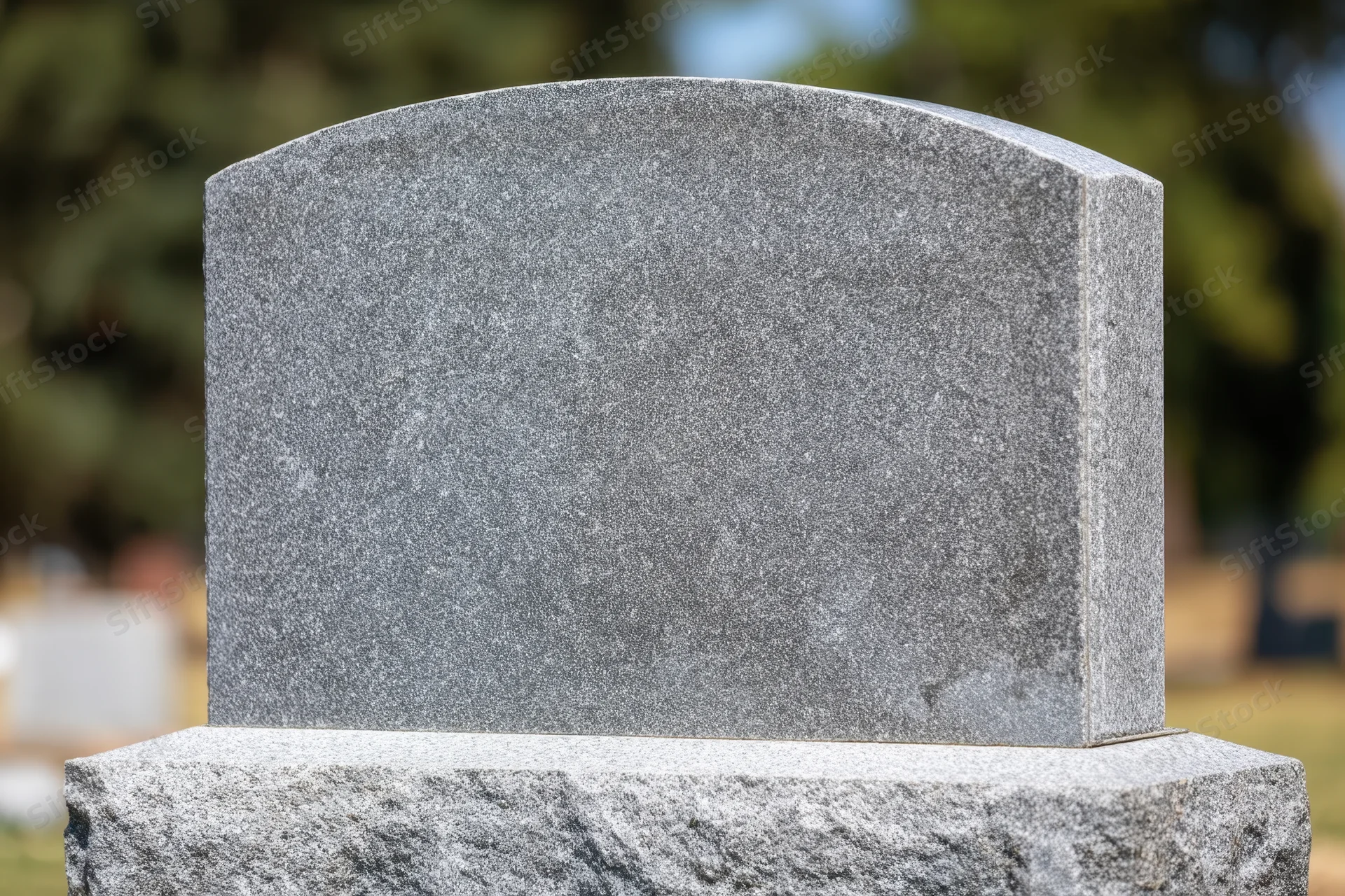 Polished granite tombstone with arched top standing in a cemetery surrounded by trees and greenery