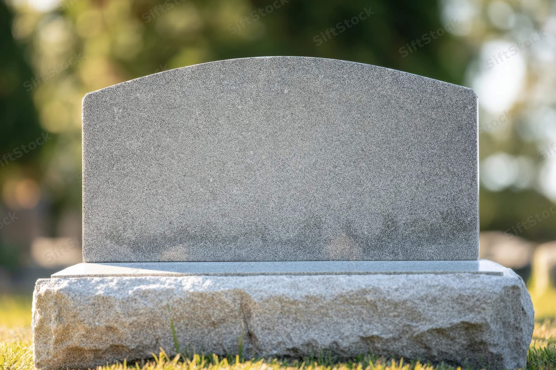 Smooth polished granite tombstone standing in a grassy cemetery under sunlight