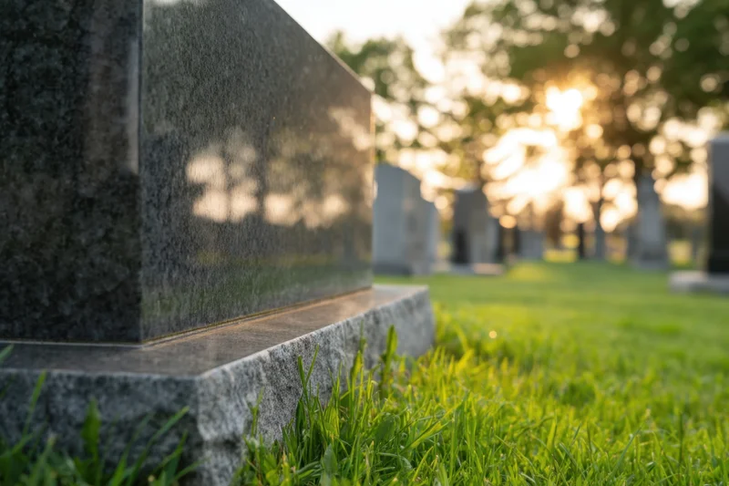 Dark granite gravestone in a cemetery at sunset with grass and blurred trees in the background