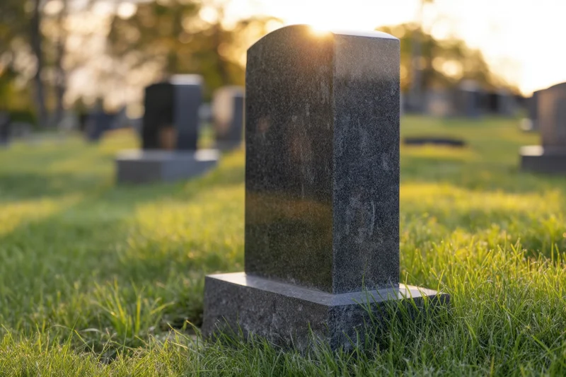 Dark granite gravestone standing in a grassy cemetery at sunset with sunlight glinting off its top edge