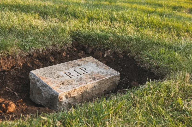 Weathered gravestone engraved with r.i.p resting in a freshly dug grave surrounded by green grass in a cemetery