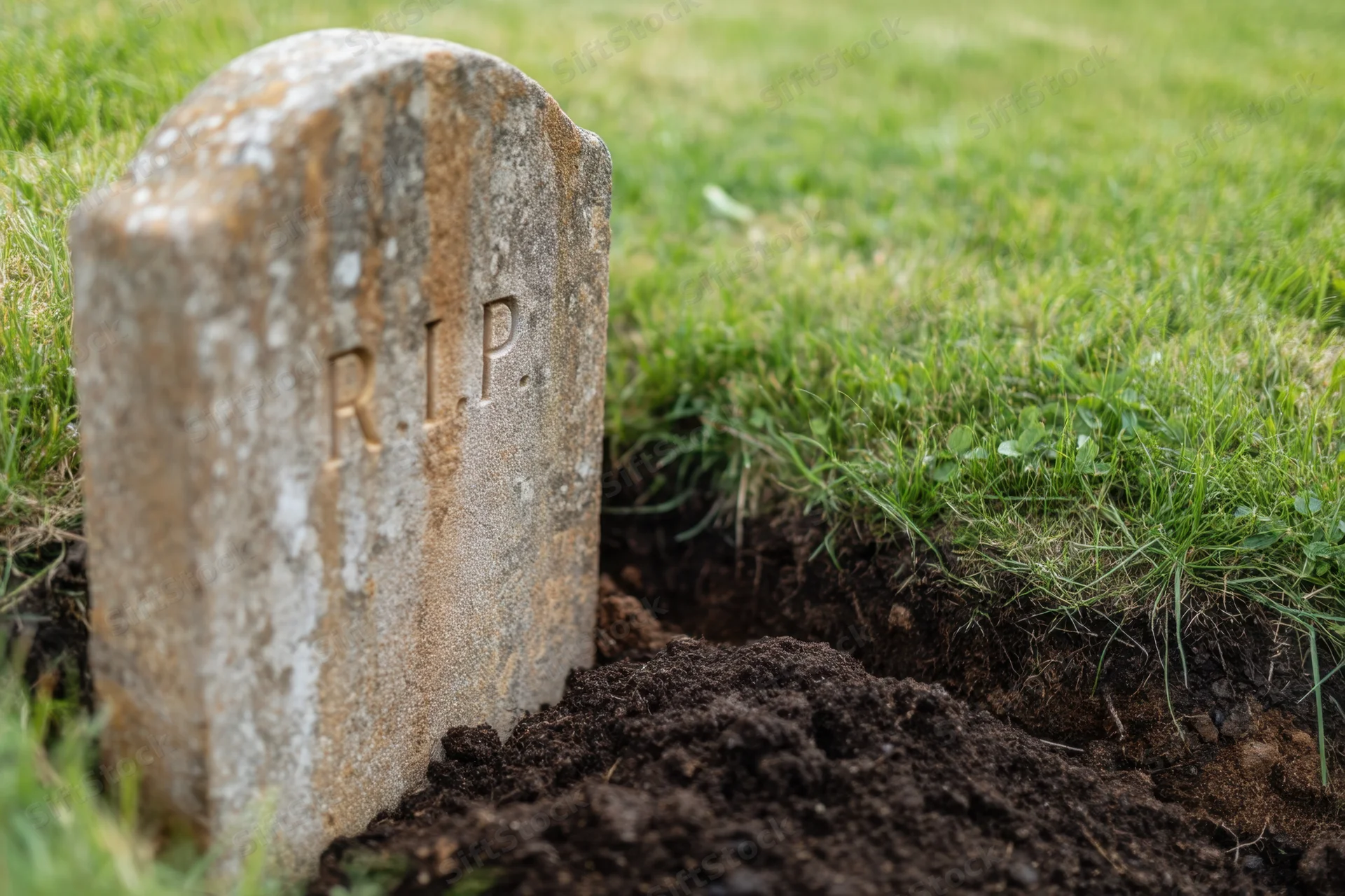 Weathered gravestone with r.i.p. inscription in freshly dug grave surrounded by green grass in cemetery