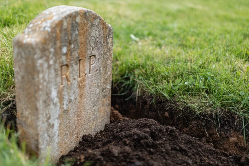 Weathered gravestone with r.i.p. inscription in freshly dug grave surrounded by green grass in cemetery