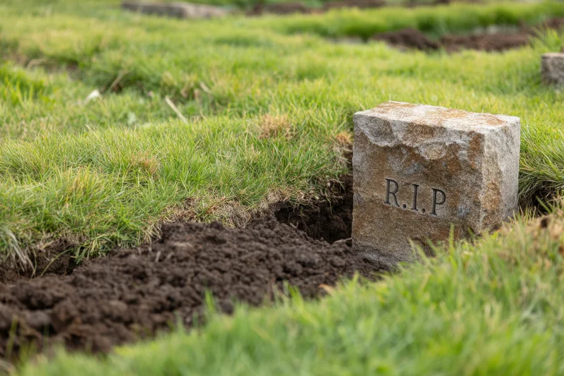A weathered gravestone inscribed with r.i.p stands beside a freshly dug grave in a grassy cemetery field