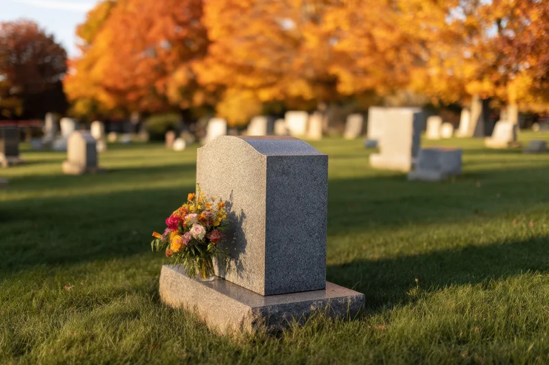 Gravestone with floral arrangement in a cemetery during autumn
