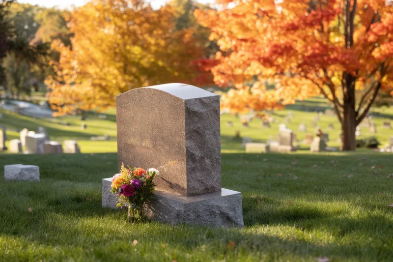Gravestone with floral arrangement in a cemetery during autumn with colorful trees in the background