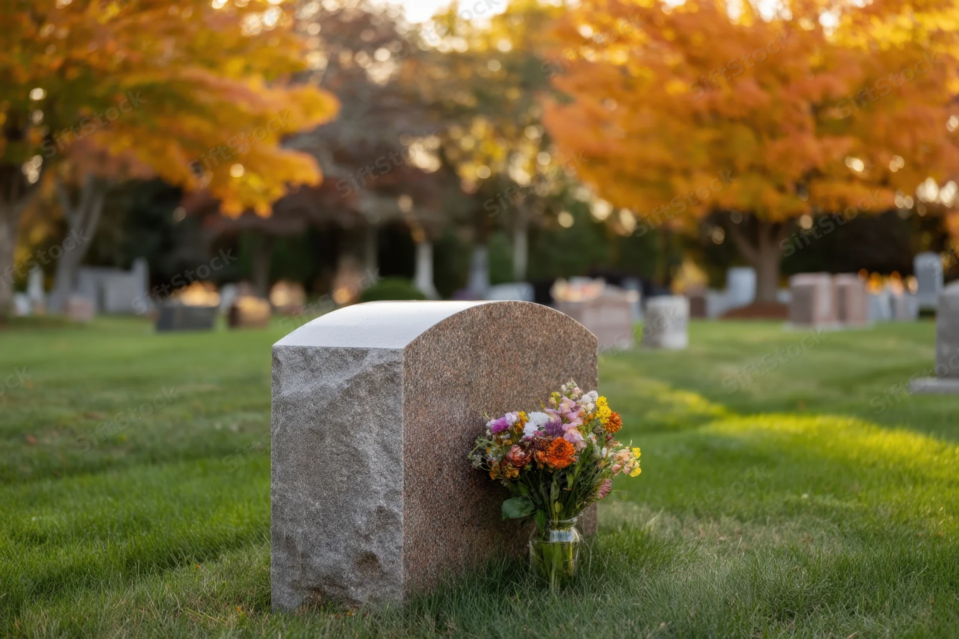 Gravestone with flowers in a vase set in a cemetery during autumn with colorful trees in the background