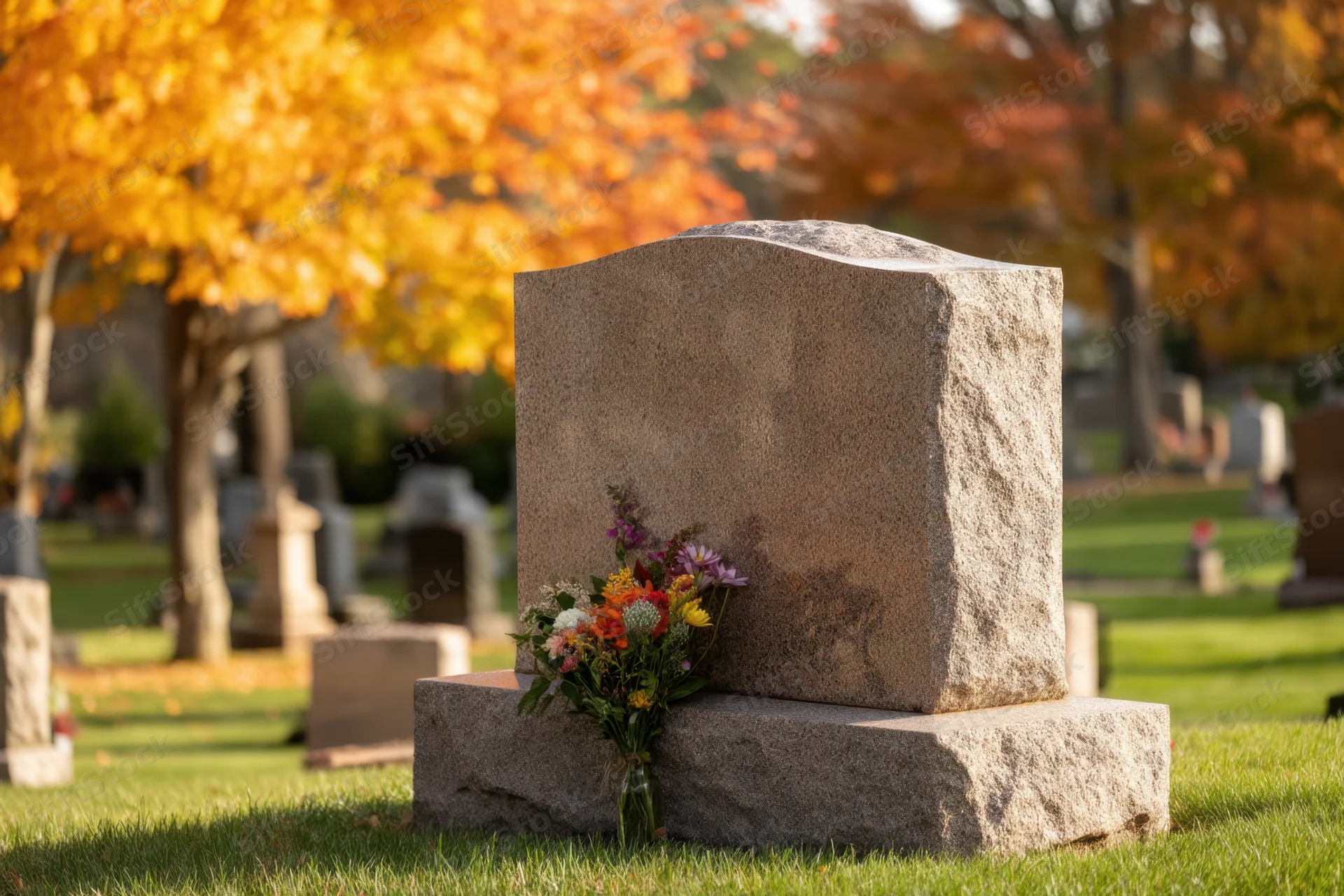 Gravestone with flowers in a cemetery during autumn