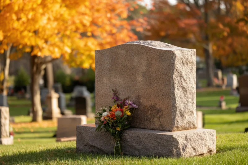 Gravestone with flowers in a cemetery during autumn