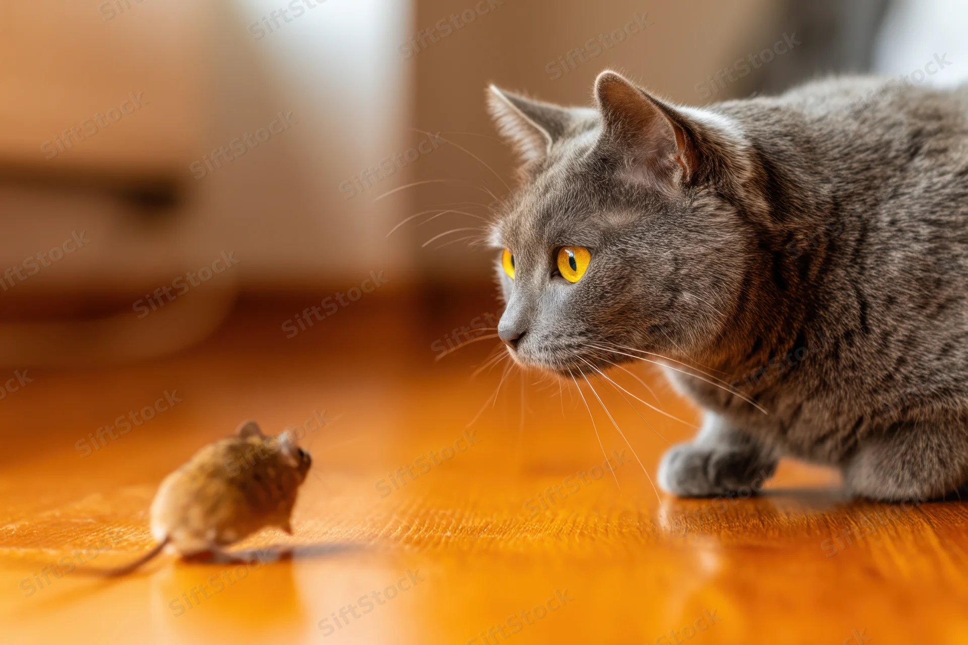 Gray cat in crouched hunting pose facing a mouse on wooden floor indoors