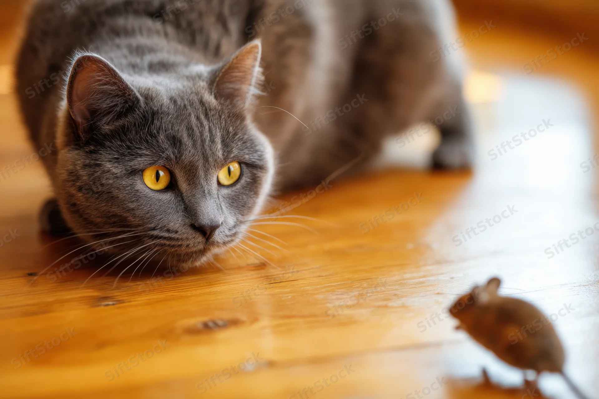 Gray cat in predatory pose stalking a mouse on wooden floor