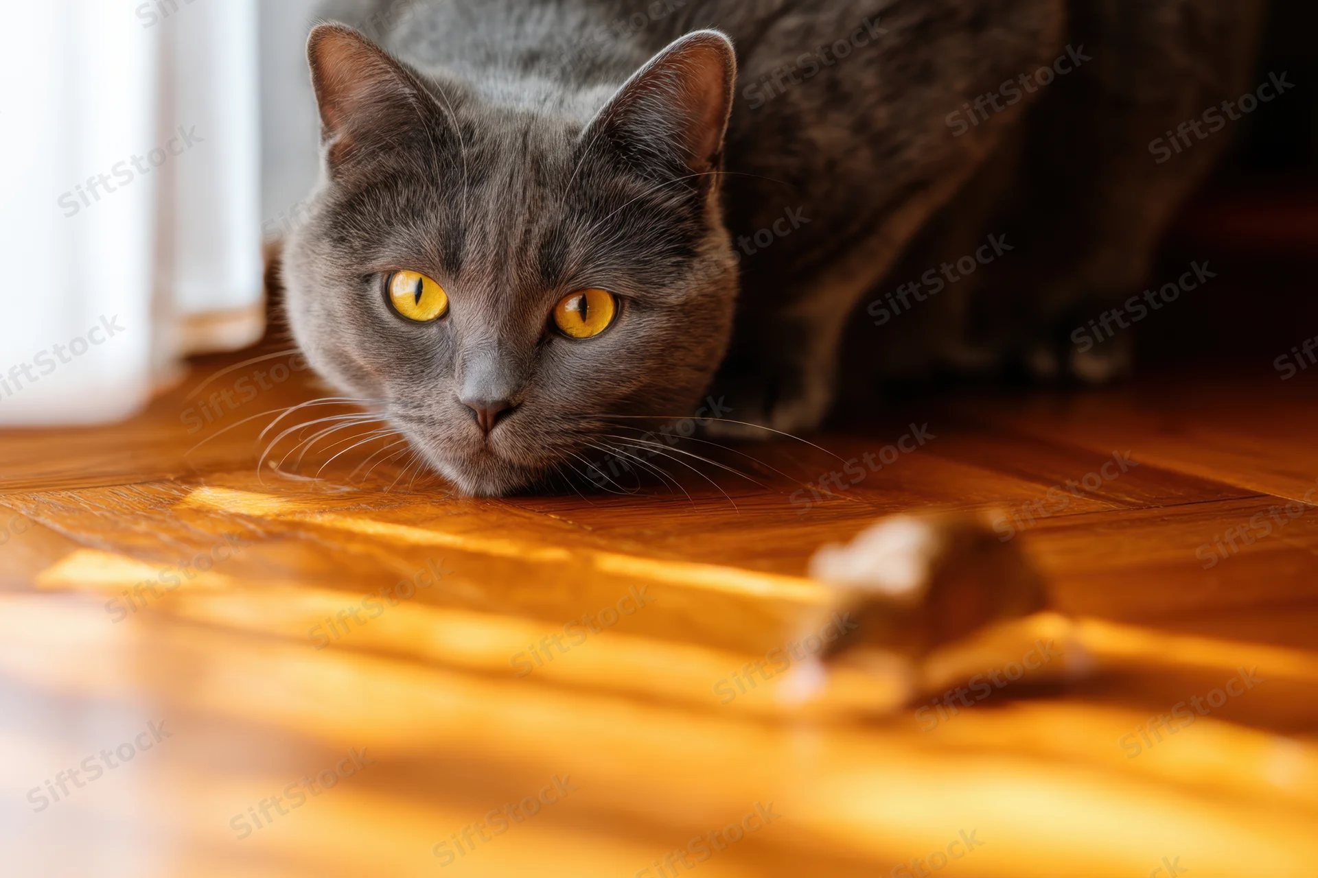 Gray cat in predatory pose stalking a toy mouse on wooden floor indoors