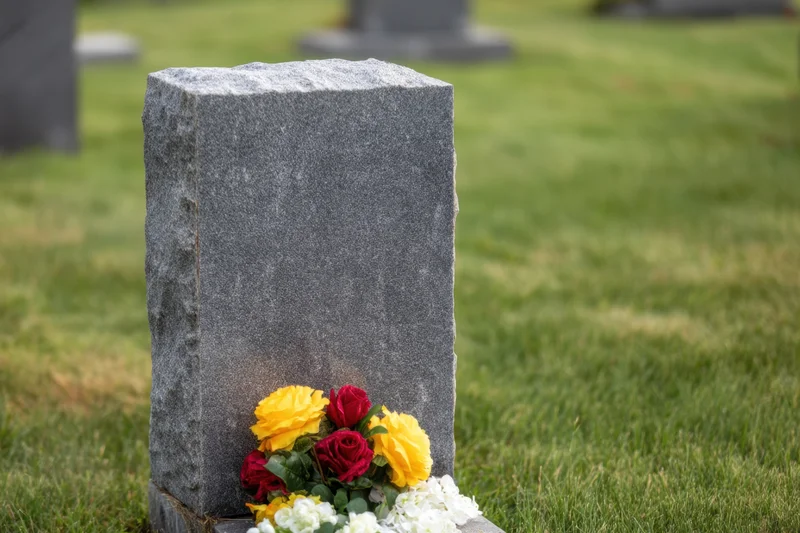 Gray granite gravestone with red and yellow roses at its base in a grassy cemetery