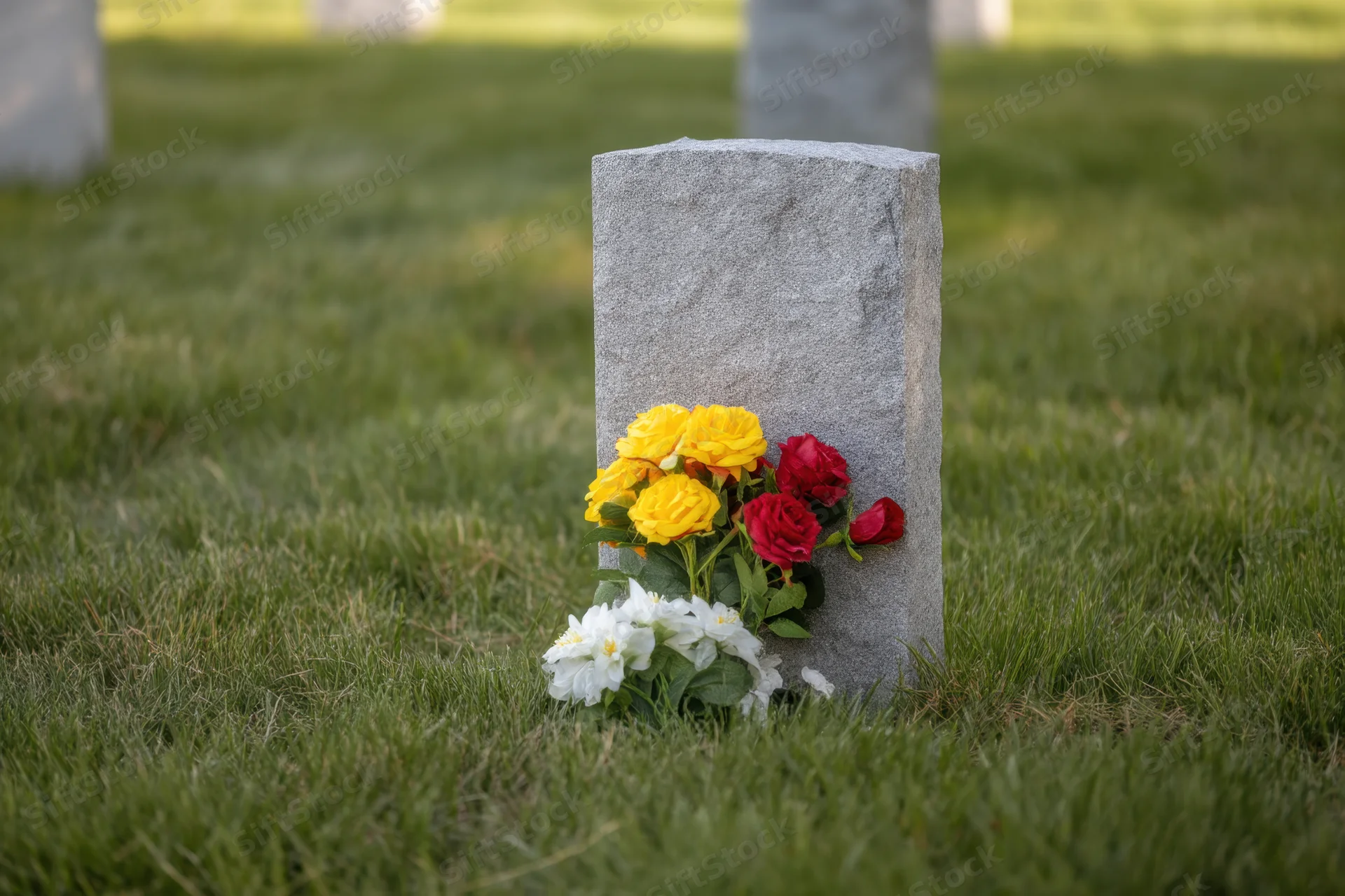 Gray granite gravestone with yellow red and white flowers in a green grassy cemetery