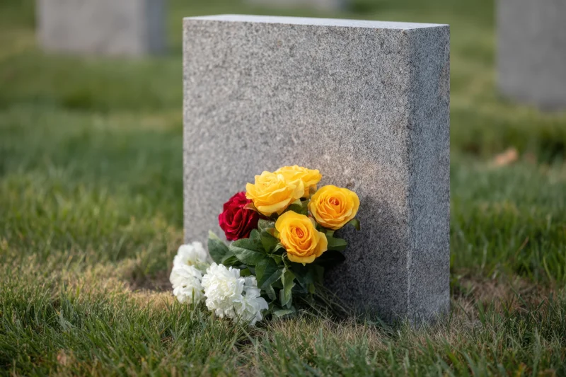 Gray granite gravestone with yellow red and white roses in a grassy cemetery