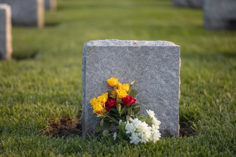 Gray granite gravestone with colorful flowers placed at its base in a green grassy cemetery