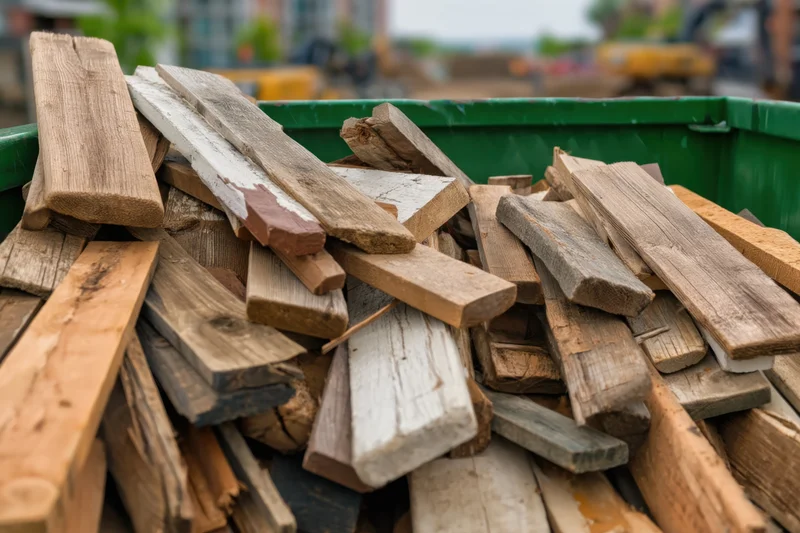 Green dumpster filled with assorted wooden planks and scraps from construction or demolition site