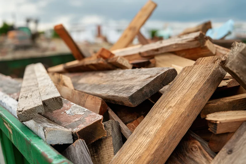 Green dumpster filled with weathered wooden planks and debris outdoors
