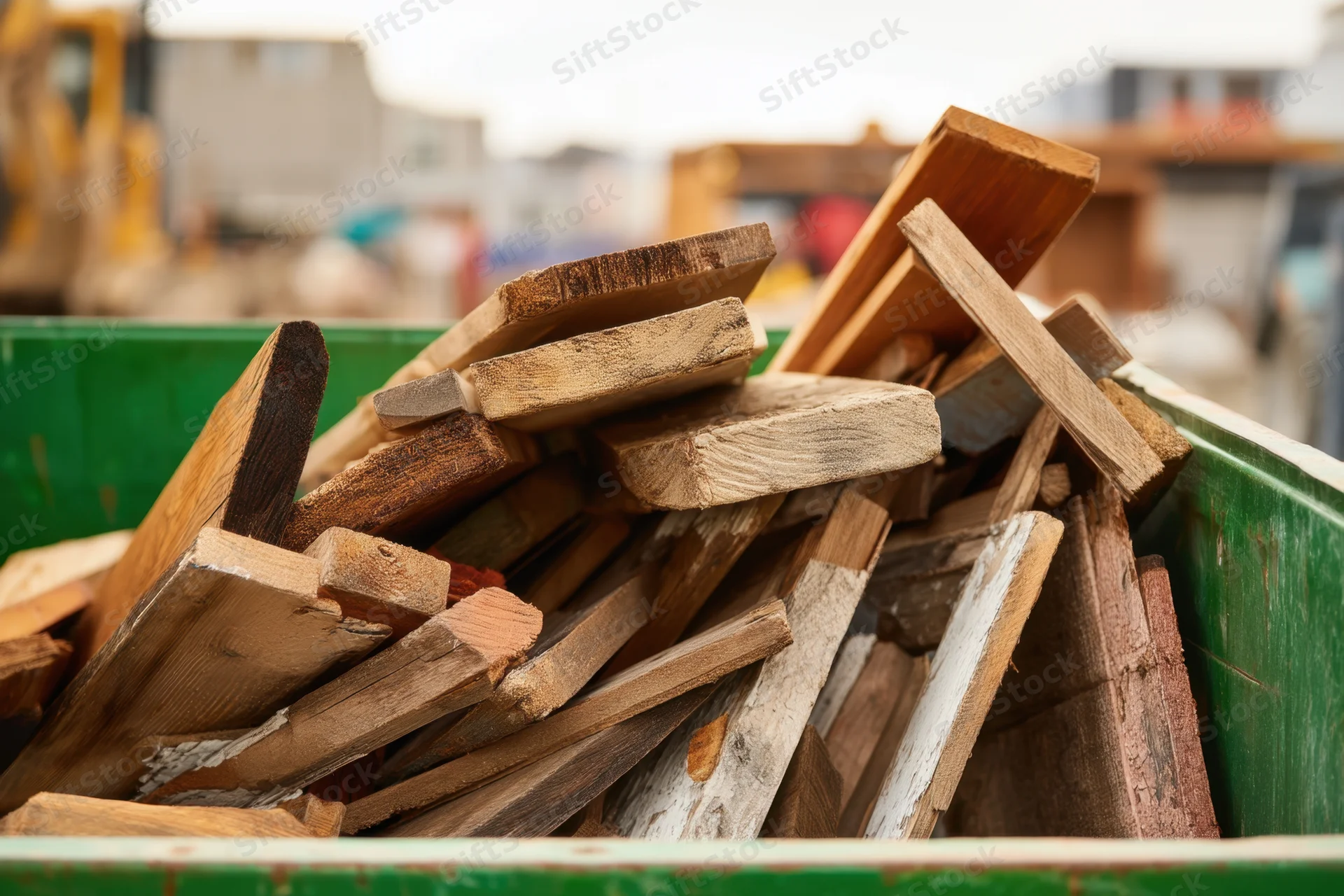 Green dumpster filled with assorted wooden planks and scrap pieces outdoors at a construction site