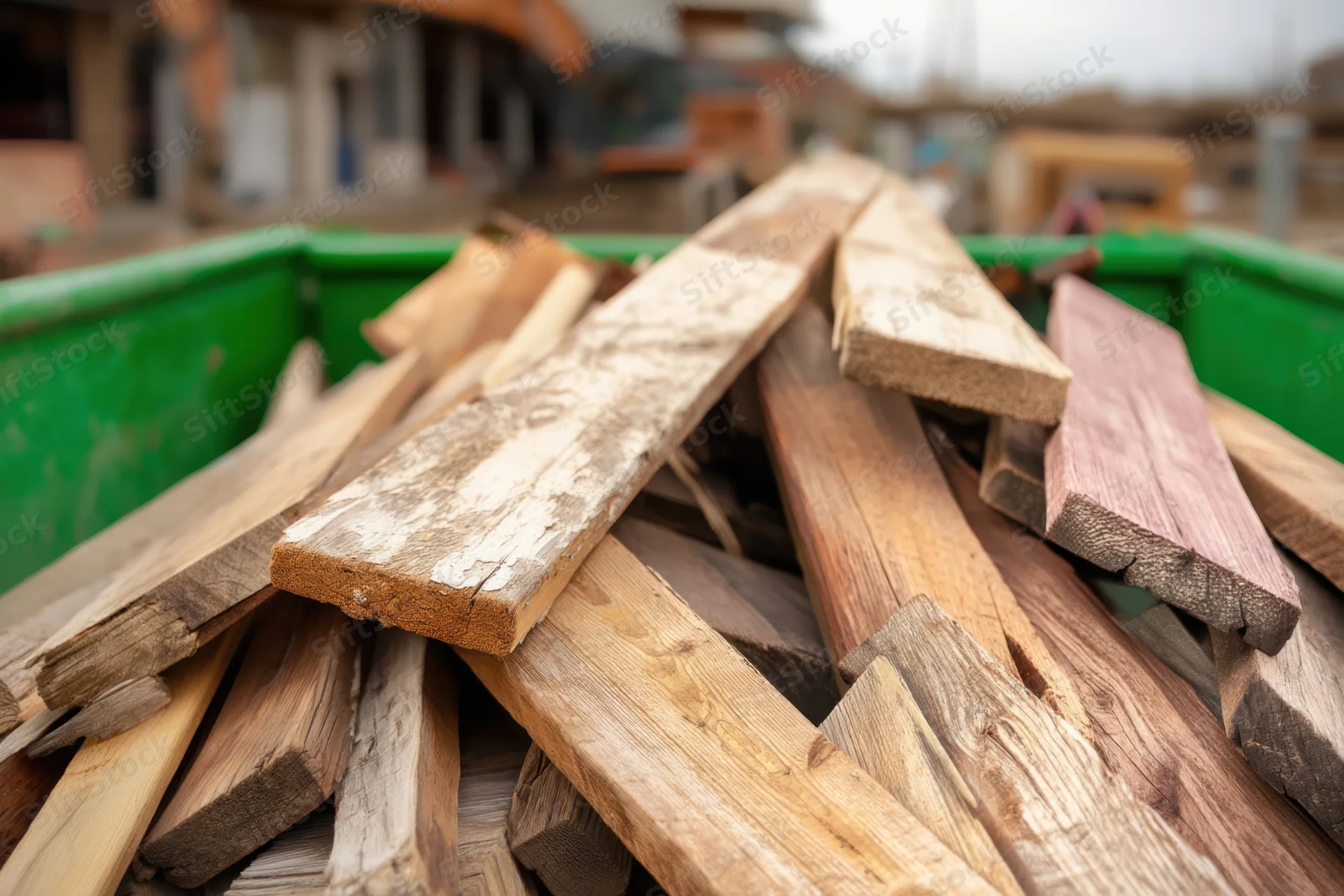 Wooden planks piled in a green dumpster outdoors