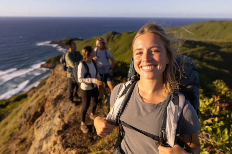 Woman smiling while hiking with friends on a cliff overlooking the ocean