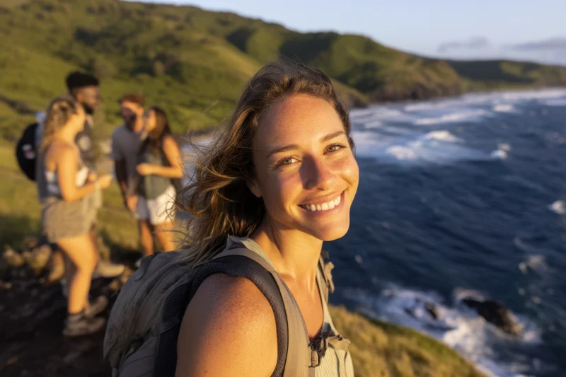 Smiling woman hiker with backpack on cliff overlooking ocean waves with group in background