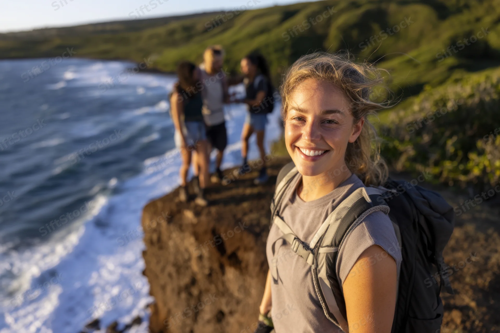 Smiling woman hiker with backpack standing on cliff overlooking ocean with group of friends in background