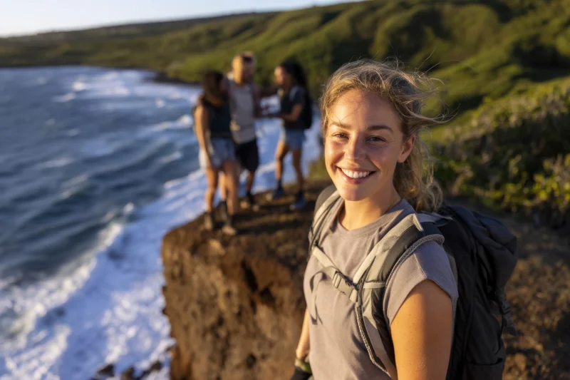 Smiling woman hiker with backpack standing on cliff overlooking ocean with group of friends in background