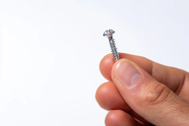 Hand holding a metallic screw against white background