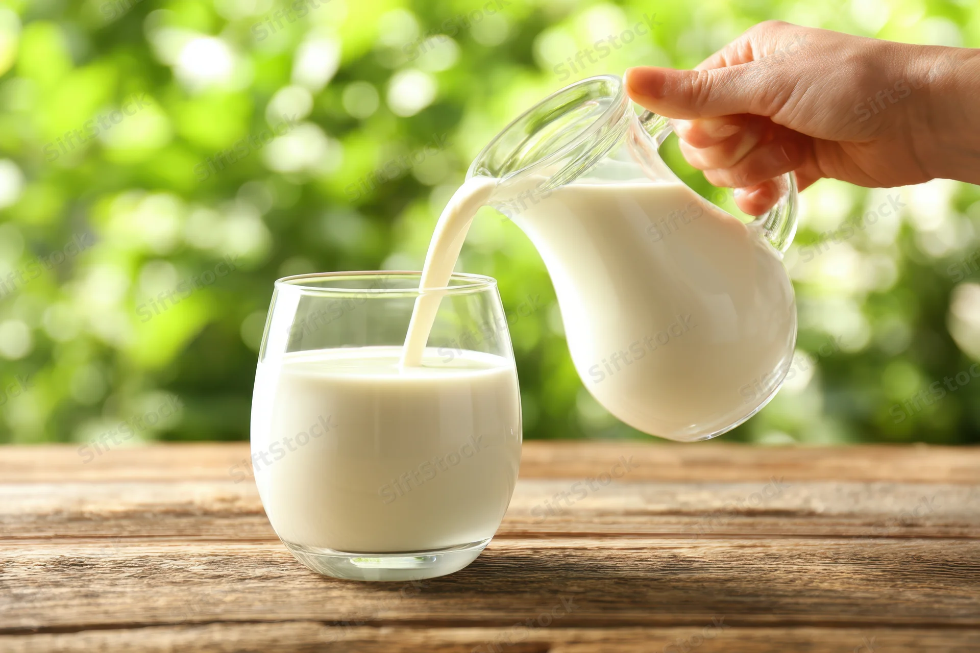 Hand pouring fresh milk from a glass pitcher into a glass on a wooden table outdoors