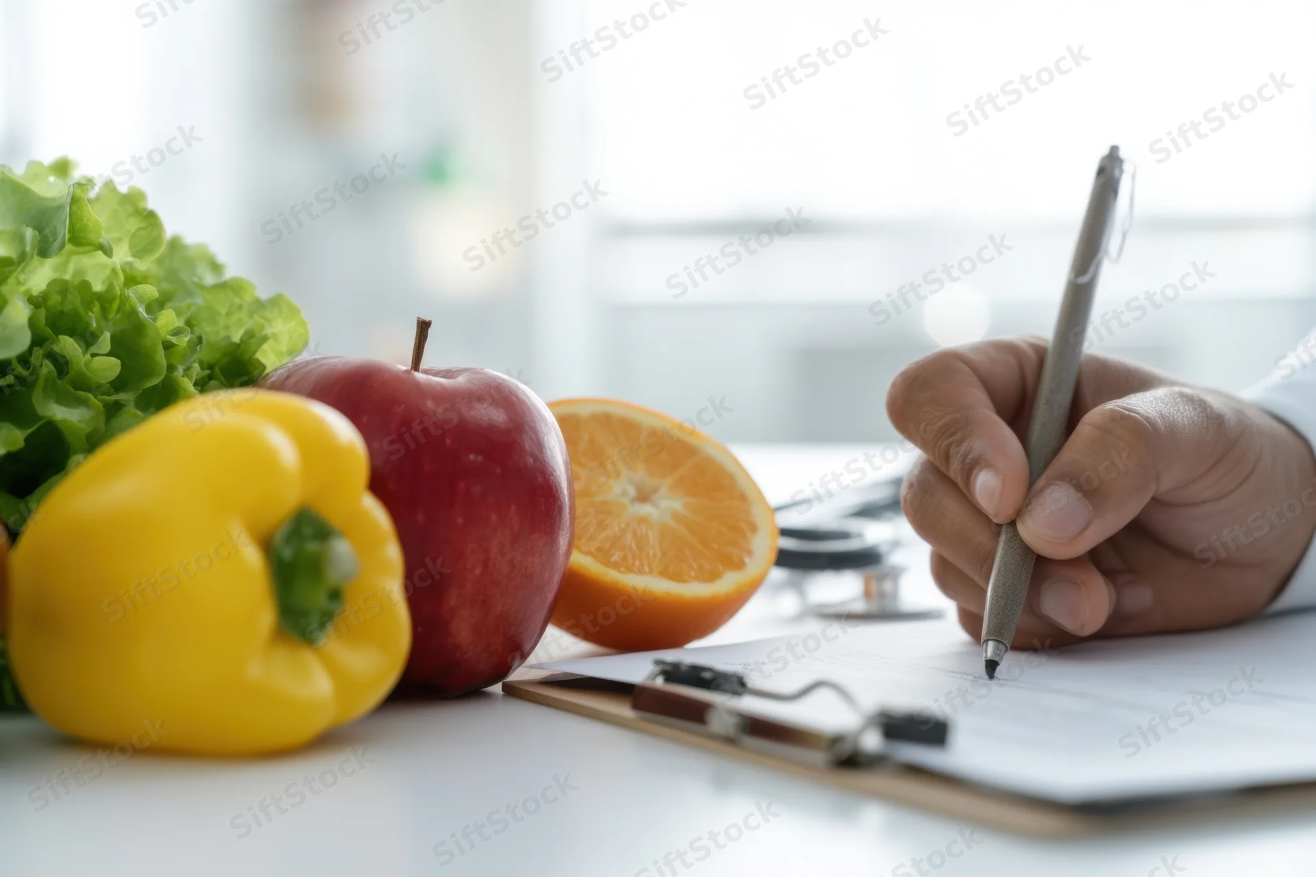 Hand writing on clipboard with fresh fruits and vegetables on table near stethoscope