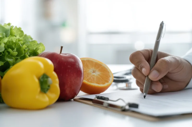 Hand writing on clipboard with fresh fruits and vegetables on table near stethoscope