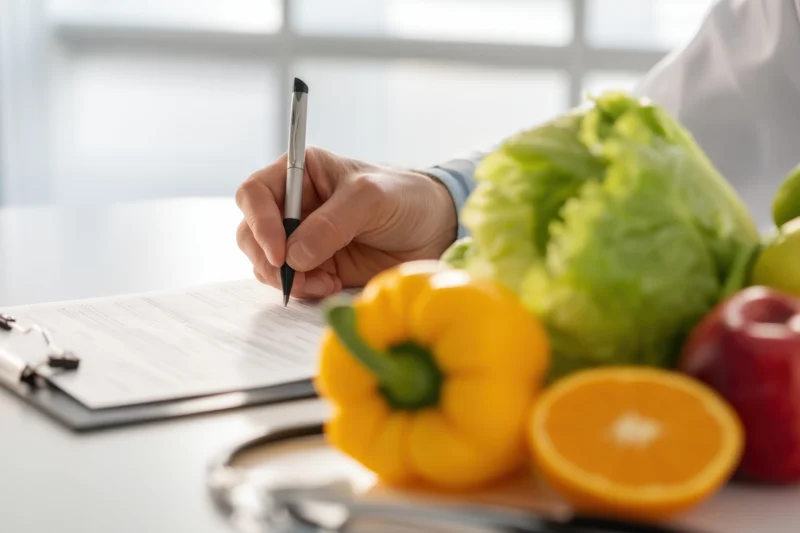 Hand writing on clipboard with fresh vegetables and fruits on desk in healthcare setting
