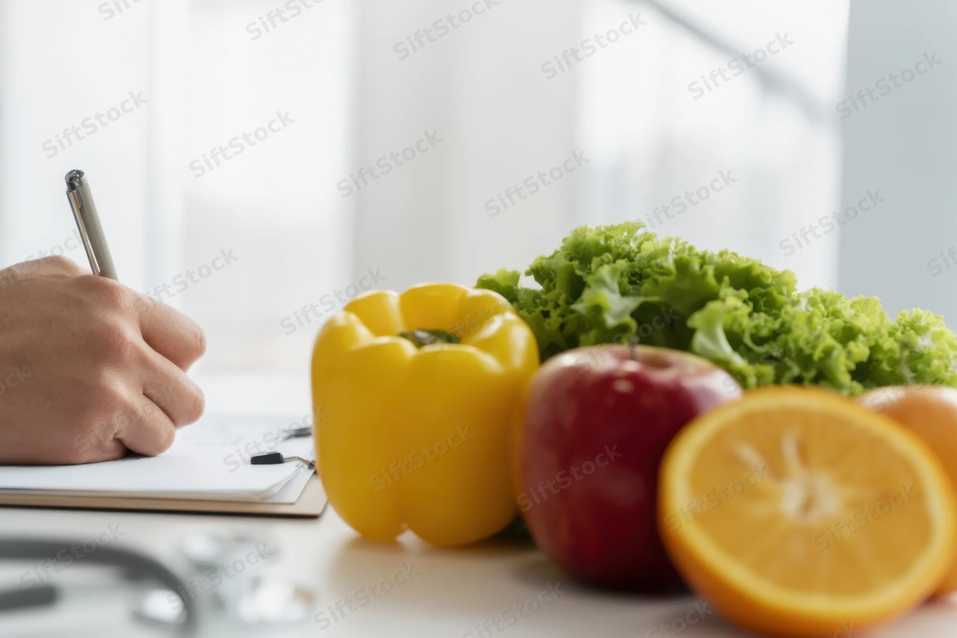 Hand writing in notebook beside fresh fruits and vegetables on desk with stethoscope nearby