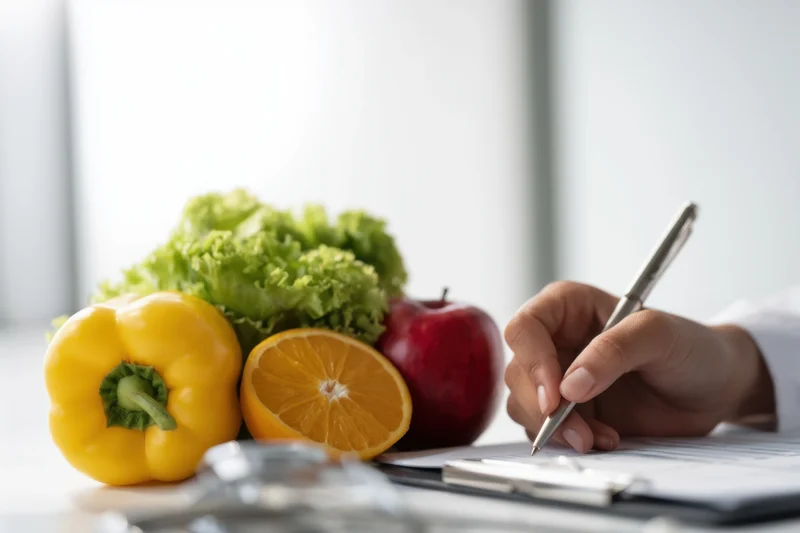 Hand writing on clipboard with fresh fruits and vegetables on desk
