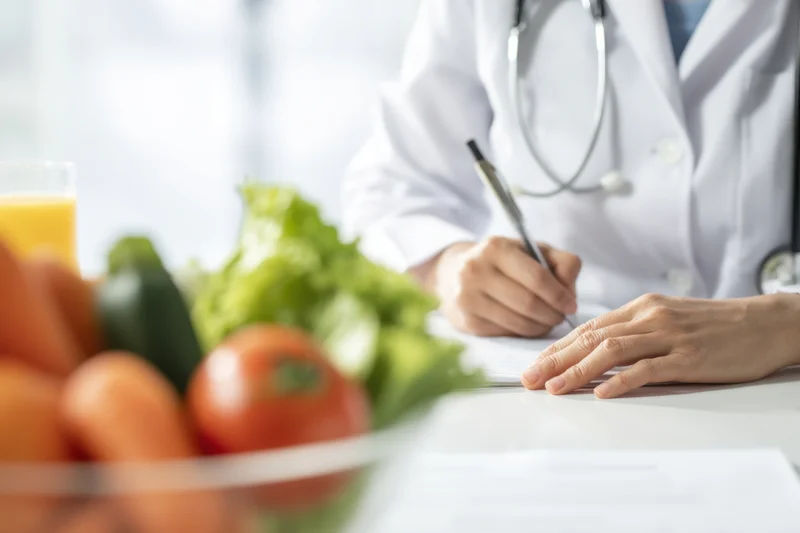 Doctor in white lab coat writing notes at desk with fresh vegetables and juice in foreground