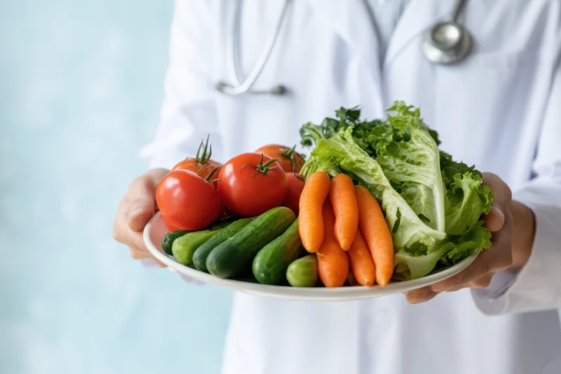 Doctor holding plate of fresh vegetables in white coat with stethoscope